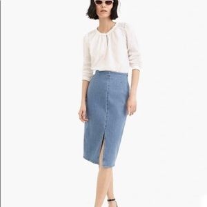 (NWT) Sz25 J Crew Stretch Denim Midi Pencil Skirt. Front Split + Side Zipper.